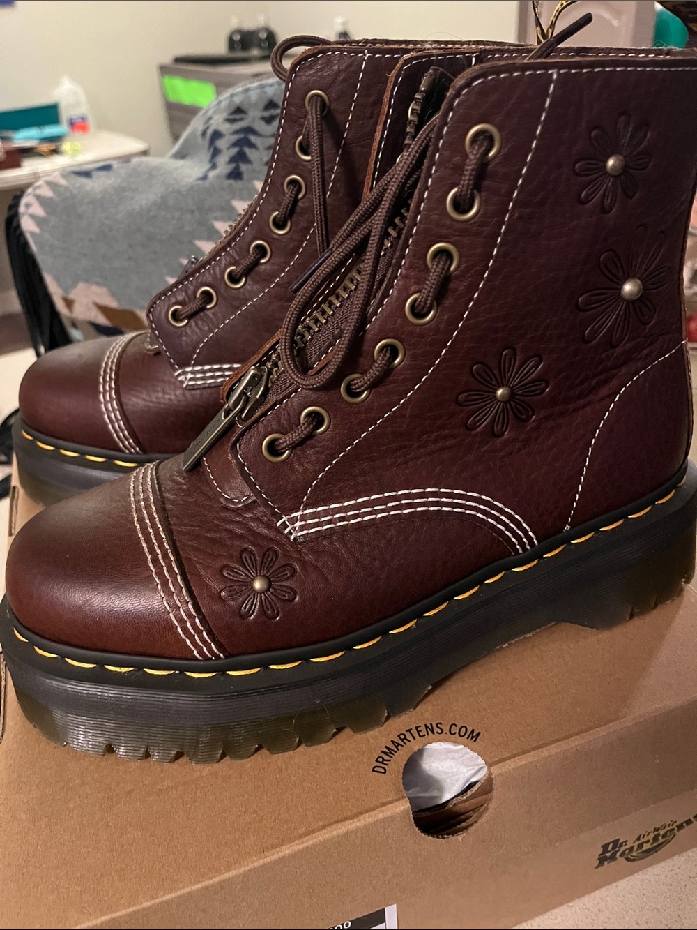 Dr. Martens Women's Brown Floral Stitch Leather Platform Boot - Picture 2 of 8